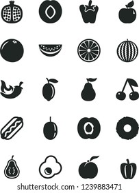 Solid Black Vector Icon Set - Hot Dog vector, chili, peper, fried egg, cherry, ripe peach, half apricot, pomegranate, plum, water melon, slice, passion fruit, lemon, of orange, pineapple, grapefruit
