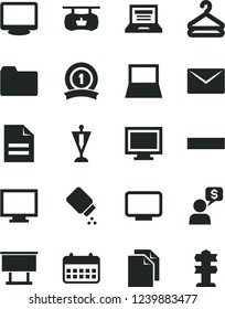 Solid Black Vector Icon Set - laptop vector, monitor, window, clean paper, scribbled, folder, minus, baby powder, envelope, hanger, antique advertising signboard, billboard, calendar, notebook pc