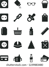 Solid Black Vector Icon Set - yardstick vector, grocery basket, dummy, measuring cup for feeding, bottle, baby powder, electronic thermometer e, stacking toy, bucket, power socket type b, f, of soda