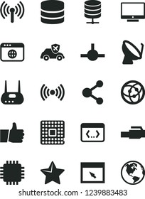 Solid Black Vector Icon Set - star vector, thumb up, screen, big data server, autopilot, processor, satellite dish, connection, cpu, router, network, browser, connect, coding, lan connector, earth