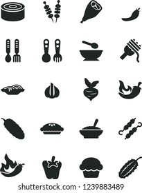 Solid Black Vector Icon Set - deep plate with a spoon vector, plastic fork spoons, iron, canned goods, fried vegetables on sticks, slices of onion, spaghetti, cake, pie, bowl buckwheat porridge, hot