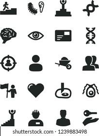 Solid Black Vector Icon Set - women vector, workman, garden trolley, heart, eye, pass card, woman, man, in sight, dna, brain, bactery, artifical insimination, winner podium, carrer stairway