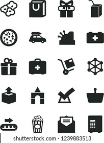 Solid Black Vector Icon Set - bag of a paramedic vector, medical, packing juice with straw, box bricks, received letter, handles, gift, shipment, unpacking, pizza, popcorn, cup, production conveyor