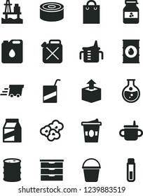 Solid Black Vector Icon Set - storage unit vector, mug for feeding, measuring cup, e, bucket, package, unpacking, canned goods, popcorn, coffe to go, jar of jam, sea port, round flask, oil, barrel