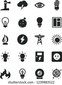 Solid Black Vector Icon Set - incandescent lamp vector, window, saving light bulb, power socket type b, dangers, eye, storm cloud, lens, pole, coastal lighthouse, flame, electricity, flag on moon
