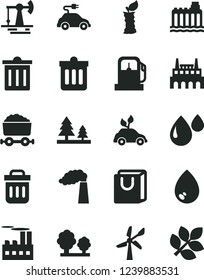 Solid Black Vector Icon Set - bin vector, dust, drop, bag with handles, apple stub, working oil derrick, gas station, wind energy, manufacture, hydroelectricity, trees, forest, industrial building