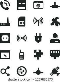 Solid Black Vector Icon Set - Puzzle vector, power socket type f, phone call, plug, SIM card, connections, dispatcher, mobile, usb, router, network, browser, connect, lan connector, wireless