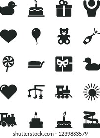 Solid Black Vector Icon Set - heart symbol vector, toys over the cradle, rubber duck, baby duckling, teddy bear, toy train, children's, balloon, cake, gift, slice, birthday, lollipop, giftbox, sun