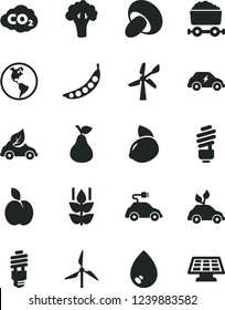 Solid Black Vector Icon Set - saving light bulb vector, drop, porcini, apple, pear, mint, yellow lemon, peas, broccoli, windmill, wind energy, planet Earth, eco car, electric, carbon dyoxide