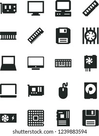 Solid Black Vector Icon Set - monitor vector, screen, processor, computer, notebook pc, radiator fan, mouse, keyboard, power supply, motherboard, memory, card, hdd, floppy