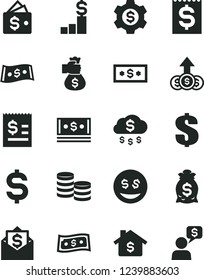 Solid Black Vector Icon Set - dollar vector, coins, denomination of the, article on, financial item, cash, money bag hand, rain, mortgage, pedestal, gear, wallet, eyes, growth, mail, dialog