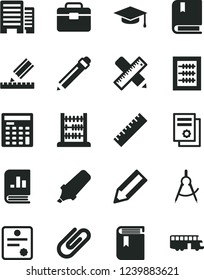 Solid Black Vector Icon Set - graphite pencil vector, yardstick, book, new abacus, e, portfolio, buildings, writing accessories, drawing, clip, scribed compasses, text highlighter, on statistics