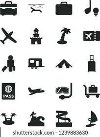 Solid Black Vector Icon Set - suitcase vector, passport, sand castle, plane, camper, passenger, rolling, ticket, tent, beach, palm tree, aquapark, diving mask, surfing, baggage, golf, hammok