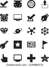 Solid Black Vector Icon Set - alarm clock vector, plus, pennant, nappy, key, index finger, book, screen, move up, pizza, monitor, molecule, saturn, 3d cube, ink pen, star, diamond, vote check