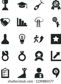 Solid Black Vector Icon Set - growth chart vector, positive histogram, survey, square academic hat, hand shake, gold cup, pawn, man arrow up, winner stairway, hold world, with medal, star ribbon
