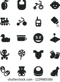 Solid Black Vector Icon Set - baby powder vector, bib, Child T shirt, rubber duck, warm socks, toy mobile phone, children's potty, small teddy bear, hairdo, train, yule, bicycle, tricycle, shoes