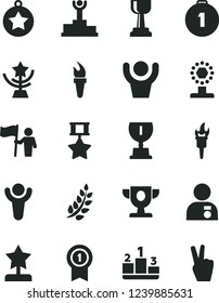 Solid Black Vector Icon Set - pedestal vector, flame torch, winner, laurel branch, podium, prize, award, cup, gold, star, reward, man with medal, hold flag, first place, pennant, hero, hands up