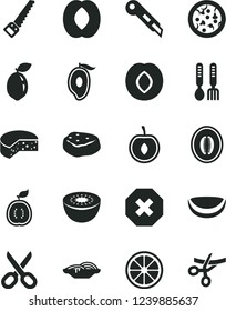 Solid Black Vector Icon Set - scissors vector, mark of injury, iron fork spoons, arm saw, stationery knife, cheese, pizza, slices onion, piece meat, plum, half mango, peach, melon, cherry, kiwi