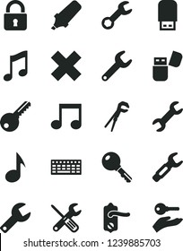 Solid Black Vector Icon Set - repair key vector, cross, small tools, adjustable wrench, door knob, lock, music, steel, text highlighter, keyboard, usb flash, note, arm with