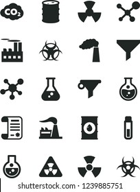 Solid Black Vector Icon Set - round flask vector, manufacture, factory, oil, barrel, industrial building, radiation, carbon dyoxide, filter, water, research article, test tube, molecule, nuclear