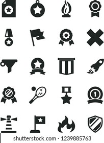 Solid Black Vector Icon Set - cross vector, flag, lighthouse, water filter, space rocket, flame, medal, star, ribbon, hero, certificate, pennant, tennis, shield