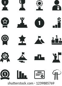 Solid Black Vector Icon Set - positive histogram vector, pedestal, winner podium, award, cup, gold, star reward, man with medal, flag, motivation, mountain, first place, pennant, ribbon, certificate