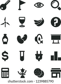 Solid Black Vector Icon Set - silent mode vector, pennant, bar chart, question, key, magnifier, eye, glass, biscuit, bottle, bananas, beans, windmill, plug, billboard, denomination of the dollar