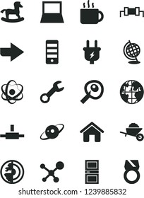 Solid Black Vector Icon Set - right direction vector, small rocking horse, house, garden trolley, interroom door, cup of tea, plug, planet, notebook pc, tower, connect, repair, molecule, atom, globe