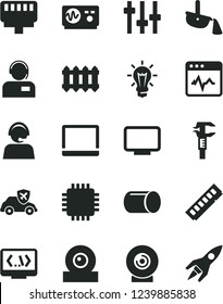 Solid Black Vector Icon Set - new radiator vector, cardiogram, operator, lens, autopilot, pipe, caliper, steel production, bulb, notebook pc, cpu, memory, monitor, web camera, coding, lan connector