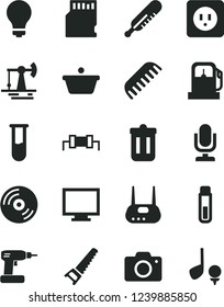 Solid Black Vector Icon Set - desktop microphone vector, matte light bulb, monitor, camera, mercury thermometer, comb, cordless drill, hand saw, power socket type b, CD, working oil derrick, pan