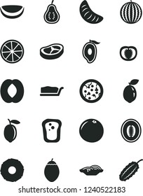 Solid Black Vector Icon Set - pizza vector, slices of onion, cake slice, bacon, sandwich, water melon, half mango, peach, tangerine, lemon, tamarillo, sour lime, piece coconut, pineapple, grapefruit