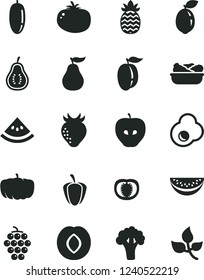 Solid Black Vector Icon Set - lettuce in a plate vector, tomato, fried egg, large grape, tasty apple, plum, strawberry, water melon slice, date fruit, ripe, sour lime, pineapple, guava, part of