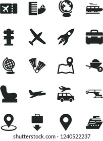 Solid Black Vector Icon Set - Baby Chair Vector, Garden Trolley, Suitcase, Location, Geolocation, Globe, Rocket, Helicopter, Plane, Train, Ticket, Getting Baggage, Hotel, Flippers, Transfer, Map