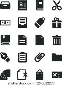 Solid Black Vector Icon Set - scissors vector, bin, clean sheet of paper, scribbled, archive, e, sample colour, drawer, delete page, gift, clip, label, article on the dollar, bag, folder, book