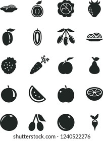 Solid Black Vector Icon Set - onion vector, slices of, strawberries, pear, orange slice, ripe peach, apple, squash, strawberry, cornels, goji berry, tangerine, plum, sweet date fruit, half guawa