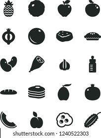 Solid Black Vector Icon Set - feeding bottle vector, loaf, pie, grill chicken leg, cabbage, piece of meat, omelette, apple, pancakes, orange, pomegranate, red, half medlar, slice melon, loquat