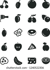 Solid Black Vector Icon Set - piece of cheese vector, pizza, noodles, cake with a hole, popcorn, omelette, blueberries, orange, cherry, peach, tasty apple, mulberry, cornels, slice tangerine, guava