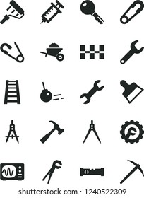 Solid Black Vector Icon Set - safety pin vector, open, garden trolley, adjustable wrench, paint roller, stepladder, construction level, ceramic tiles, putty knife, star gear, hammer with claw, core