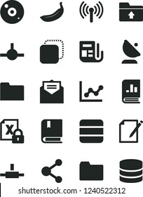 Solid Black Vector Icon Set - folder vector, graph, upload, e, received letter, notes, copy, banana, satellite antenna, connection, book on statistics, morning paper, encrypting, cd, connect