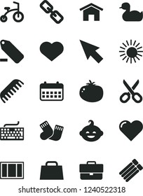 Solid Black Vector Icon Set - heart symbol vector, scissors, briefcase, keyboard, spectacles, remove label, rubber duck, comb, warm socks, funny hairdo, child bicycle, window frame, home, tomato
