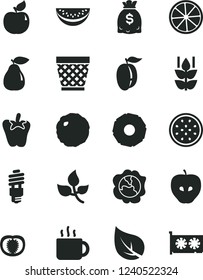 Solid Black Vector Icon Set - wicker pot vector, cabbage, peper, cup of tea, mint, squash, pear, apricot, tasty apple, water melon slice, ripe plum, half passion fruit, lemon, pineapple, tomato