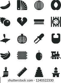 Solid Black Vector Icon Set - yardstick vector, bib, stacking rings, baby toy train, small yule, color samples, wooden paint brush, broken heart, blueberries, half pomegranate, water melon, peach
