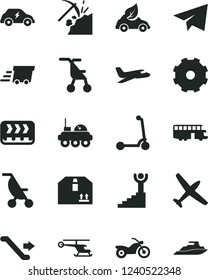 Solid Black Vector Icon Set - truck lorry vector, paper airplane, summer stroller, sitting, child Kick scooter, cardboard box, coal mining, conveyor, eco car, electric transport, urgent cargo, plane