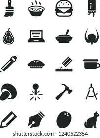 Solid Black Vector Icon Set - laptop vector, graphite pencil, children's potty, wooden paint brush, drawing, electronic boiler, hammer with claw, big burger, porcini, pie, in saucepan, coconut, pets