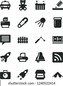 Solid Black Vector Icon Set - bell vector, image of thought, rss feed, safety pin, teddy bear, drawing, fence, camera, car, artificial satellite, jam, battery, welding, cash, printer, scanner, tent