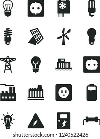 Solid Black Vector Icon Set - power socket type b vector, f, dangers, bulb, charge level, wind energy, light, hydroelectric station, hydroelectricity, pole, industrial building, saving, mercury