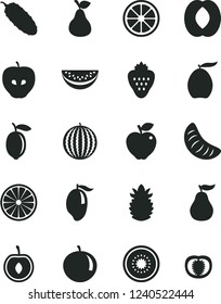 Solid Black Vector Icon Set - cucumber vector, strawberry, pear, red apple, tasty, water melon, mango, loquat, half peach, slice, tangerine, of, cherry, lemon, juicy, kiwi, orange, ripe pineapple