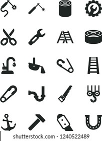 Solid Black Vector Icon Set - scissors vector, safety pin, open, winch hook, arm saw, stepladder, ladder, sewerage, gear, knife, kitchen faucet, hammer, anchor, canned goods, tin, welding, gas, luck