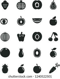 Solid Black Vector Icon Set - peper vector, strawberry, cherry, half apricot, pomegranate, plum, rose hip, blueberry, water melon, delicious, slice, tasty, guava, ripe pineapple, grapefruit, part of