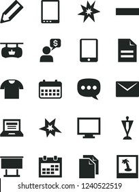 Solid Black Vector Icon Set - laptop vector, monitor, calendar, clean paper, scribbled, minus, envelope, T shirt, antique advertising signboard, billboard, pencil, speech, tablet pc, bang, pennant